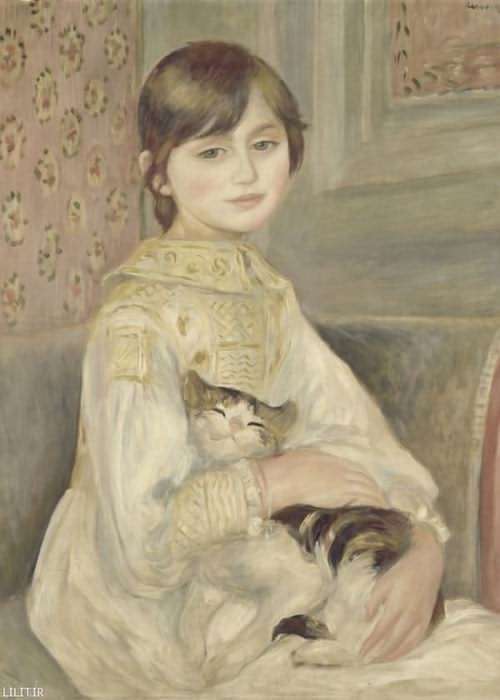 تابلو نقاشی دختری با گربه‌ای در بغل