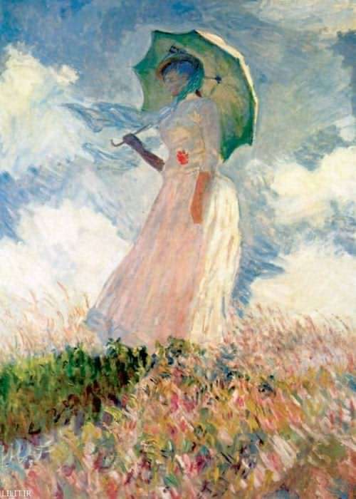 تابلو نقاشی خانمی با چتر روی تپه آفتابی