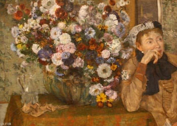 تابلو نقاشی یک زن نشسته در کنار گل ها