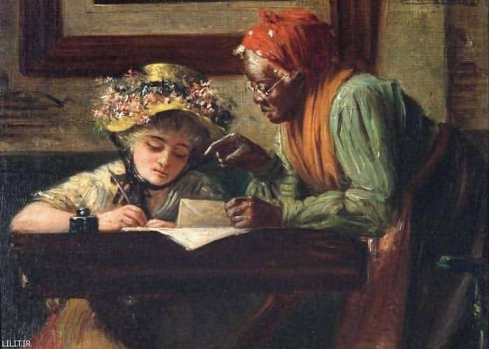 تابلو نقاشی دختری درحال نوشتن نامه