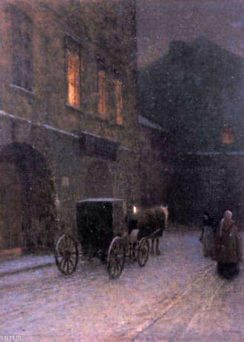 تابلو نقاشی کالاسکه‌ای در یک شب سرد زمستانی