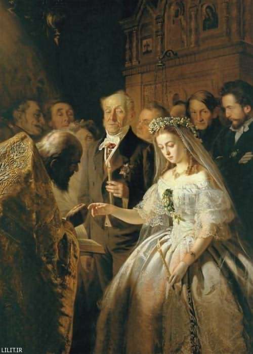 تابلو نقاشی مراسم عروسی اجباری دختر جوان با داماد پیر