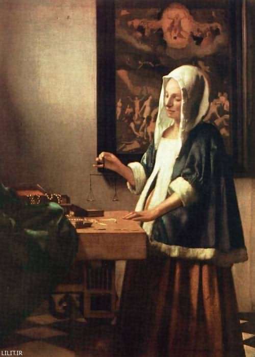 تابلو نقاشی زن و ترازوی کوچک در دست