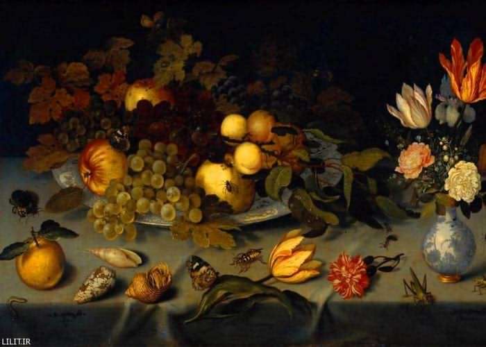 تابلو نقاشی سبد میوه و گل‌ها