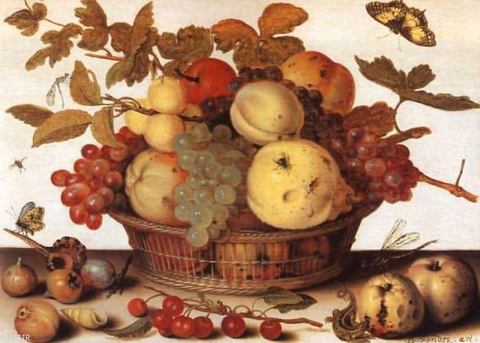 تابلو نقاشی سبد میوه و حشرات