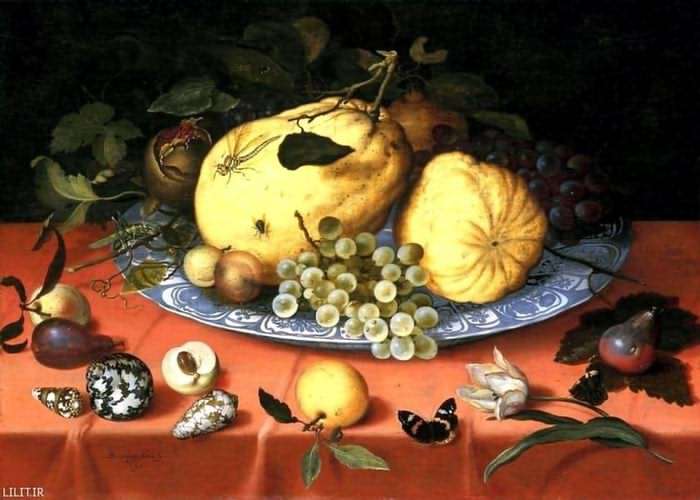 تابلو نقاشی سبد میوه و حشرات روی میز