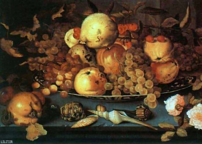تابلو نقاشی سبد میوه و صدف‌های روی میز