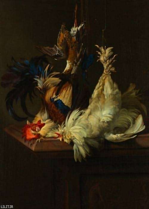 تابلو نقاشی مرغ و خروس بی‌جان
