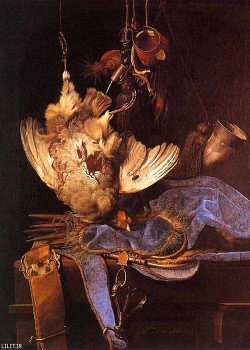 تابلو نقاشی زندگی با تجهیزات شکار و پرنده مرده