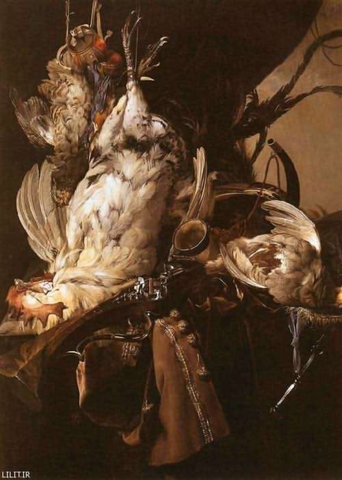 تابلو نقاشی زندگی پرندگان مرده و سلاح‌های شکار