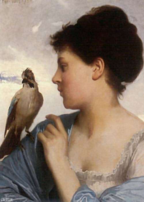 تابلو نقاشی خانم جوان و پرنده دلربا