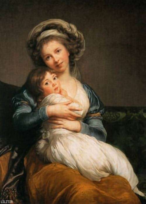 تابلو نقاشی خانم الیزابت و آغوش گرفتن دختر کوچکش