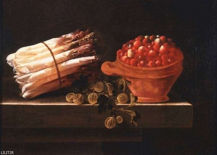 تابلو نقاشی مارچوبه‌ها و ظرف تمشک روی میز