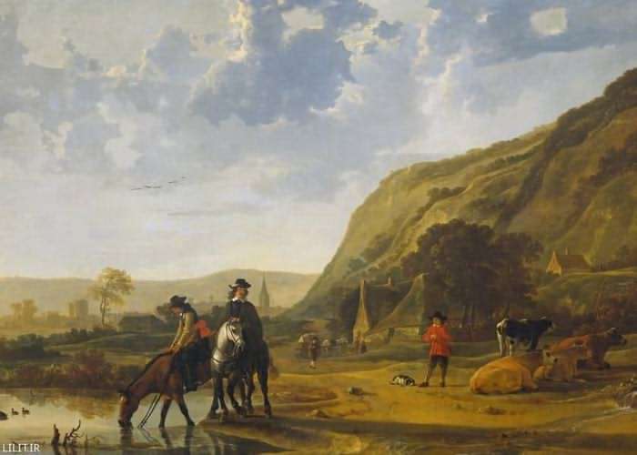 تابلو نقاشی چشم انداز رودخانه با اسب سواری
