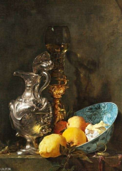 تابلو نقاشی شمعدان و پارچ و ظرف میوه