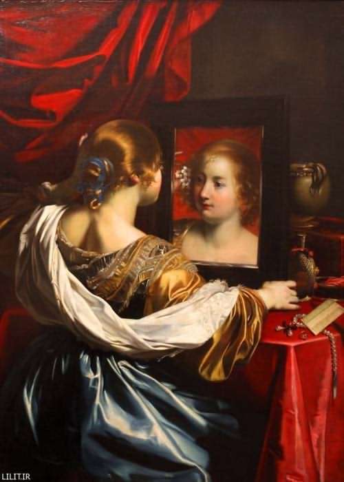 تابلو نقاشی زن جوان جلوی میز آرایش