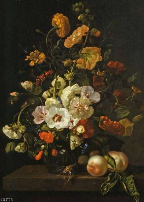 تابلو نقاشی سبد گل‌ها و میوه هلو