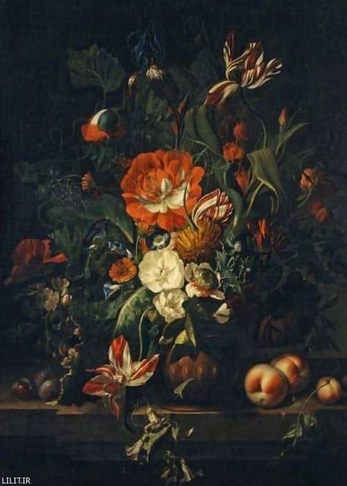 تابلو نقاشی گلدان گل‌ها و میوه هلو روی میز