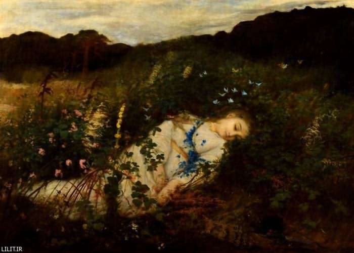 تابلو نقاشی خانم جوان درحال استراحت در طبیعت