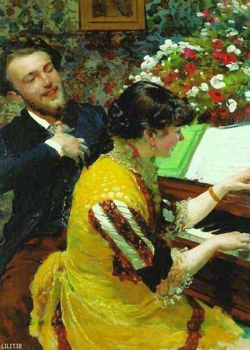 تابلو نقاشی آواز خوانی آقا و خانم نوازنده پیانو