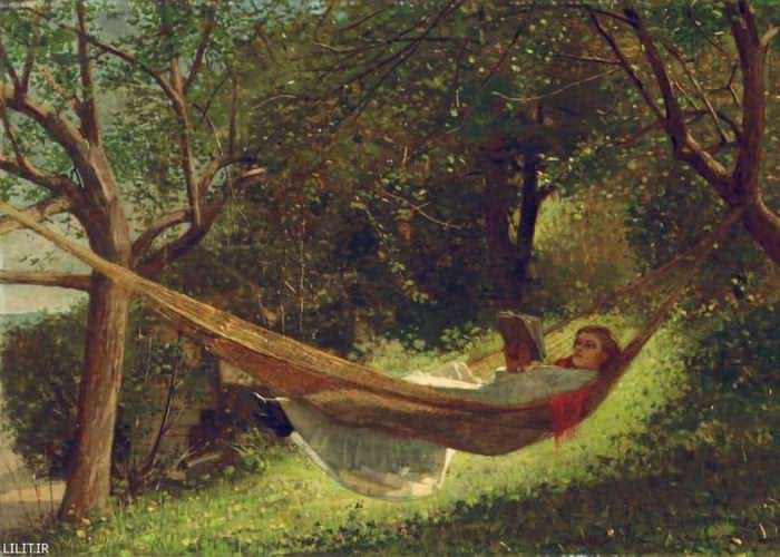 تابلو نقاشی استراحت دختر در آویز ننو درختی