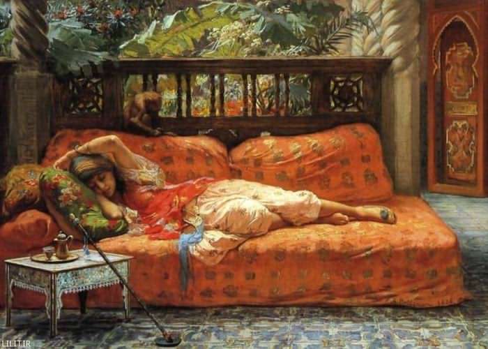 تابلو نقاشی استراحت خانم زیبا در حرمسرا