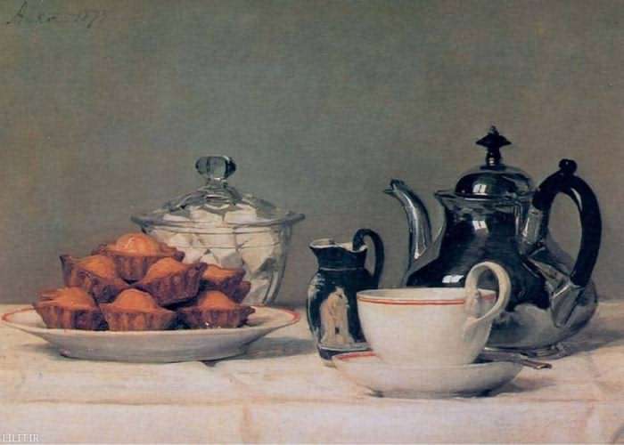 تابلو نقاشی کیک فنجانی و چای داغ