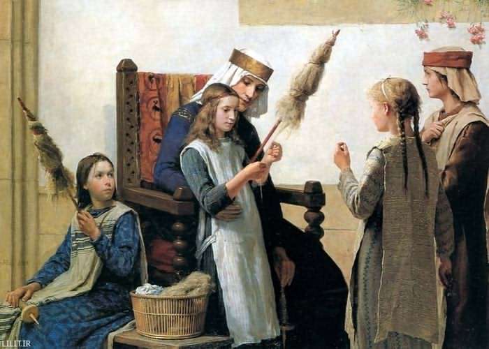 تابلو نقاشی آموزش نخ ریسی به دختران جوان