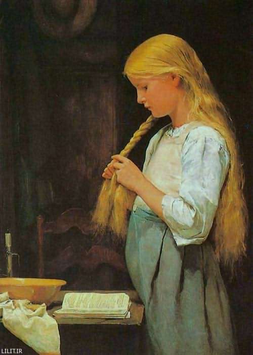 تابلو نقاشی دختری درحال بافتن موهای طلایی خود