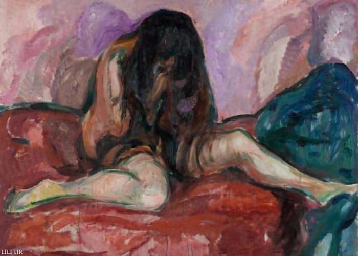 تابلو نقاشی دختر گریان روی تخت