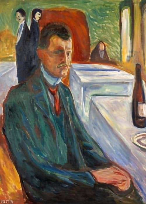 تابلو نقاشی خودنگاره (سلفی) ادوارد مونک با یک بطری شراب