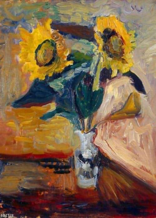 تابلو نقاشی گلدان گلهای آفتاب گردان