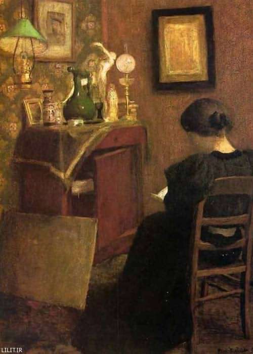 تابلو نقاشی زنی درحال خواندن نوشته