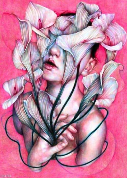 تابلو نقاشی غرق در برکه صورتی و گل‌های شیپوری