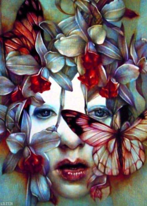 تابلو نقاشی گل‌های نرگس قرمز و پروانه روی صورت