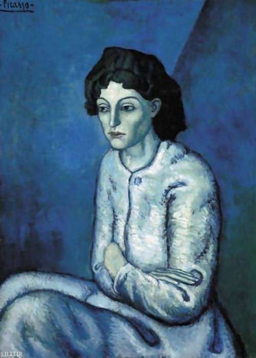 تابلو نقاشی زن افسرده نشسته دست به سینه