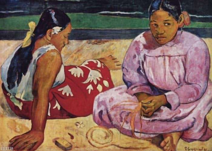 تابلو نقاشی زنان تاهیتی نشسته کنار ساحل دریا