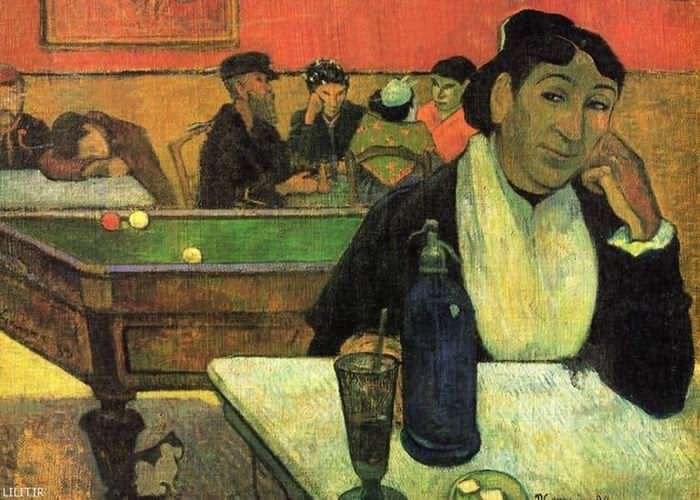 تابلو نقاشی زنی نشسته در کافه کنار میز بیلیارد