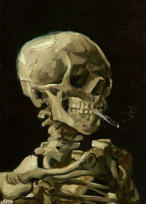 تابلو نقاشی پرتره اسکلت انسان درحال کشیدن سیگار