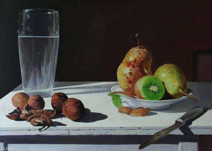 تابلو نقاشی زندگی ساده با میوه‌ها و یک لیوان آب و گردو ها