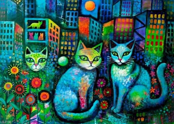 تابلو نقاشی گربه‌ها توی باغچه کنار شهر