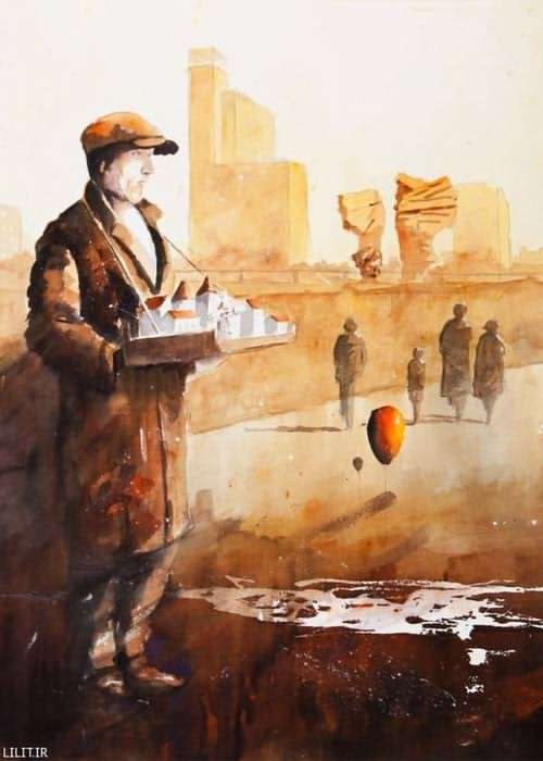تابلو نقاشی مرد دستفروش و بادکنک نارنجی