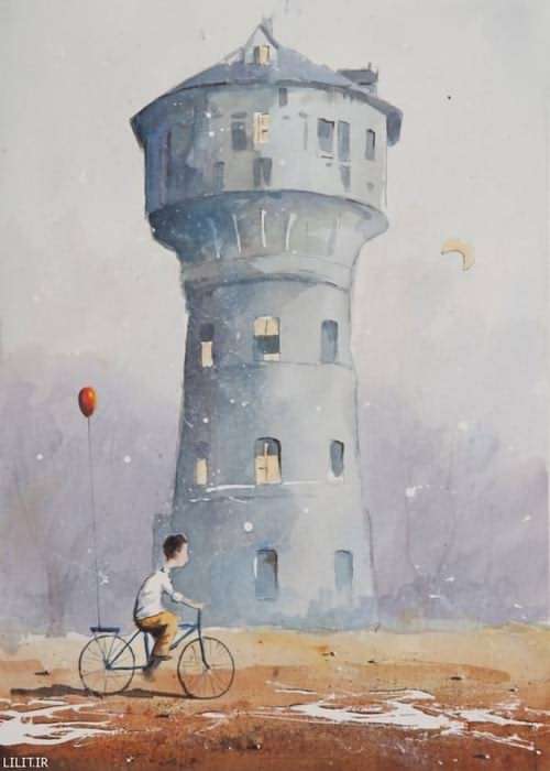 تابلو نقاشی پسر دوچرخه سوار و بادکنک نارنجی