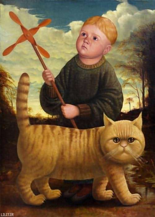 تابلو نقاشی پسربچه و گربه در انتظار وزش باد