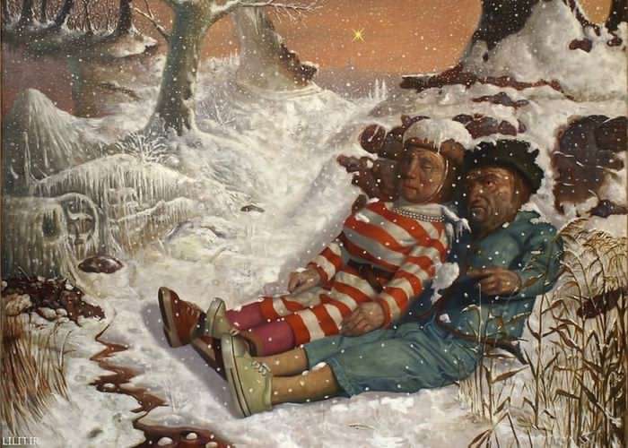 تابلو نقاشی آدم و حوا گرفتار در برف