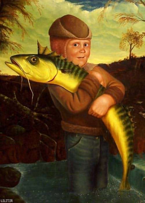 تابلو نقاشی صید بزرگ پسربچه ماهیگیر
