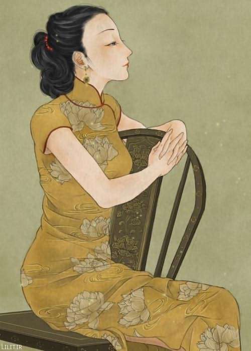 تابلو نقاشی دختر ژاپنی نشسته بر صندلی چوبی