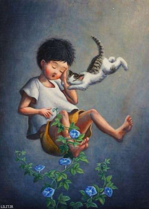 تابلو نقاشی پسربچه و گربه در خواب عمیق