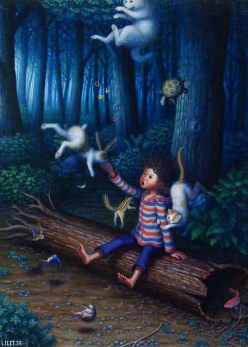تابلو نقاشی پسربچه و حیوانات معلق در جنگل