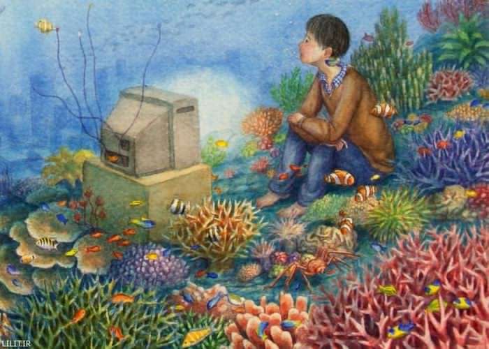 تابلو نقاشی تماشای برنامه کودک تلویزیون در اعماق دریا